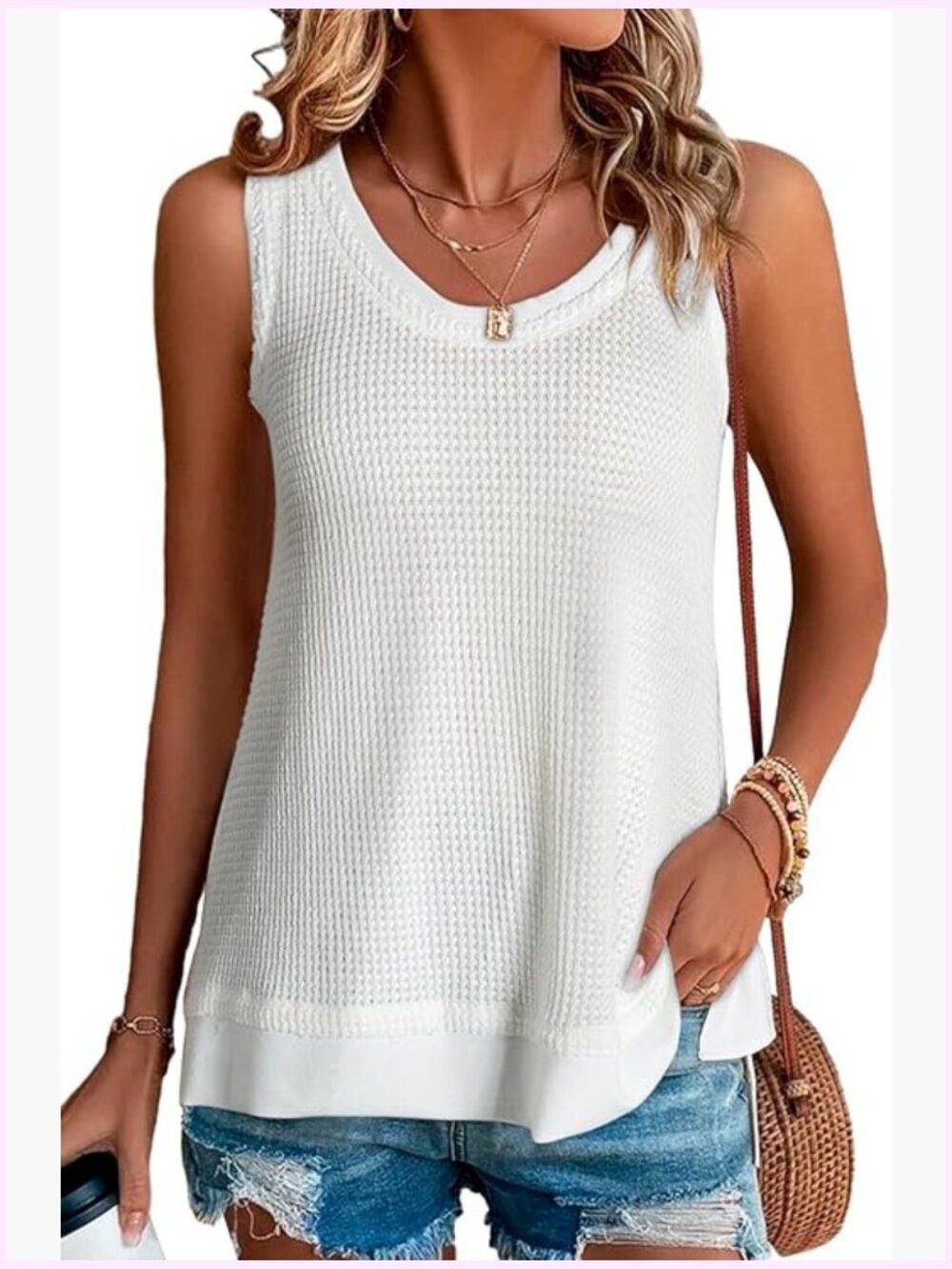 Waffle Knit Tank Top Scoop Neck Sleeveless Loose Tunic Shirt